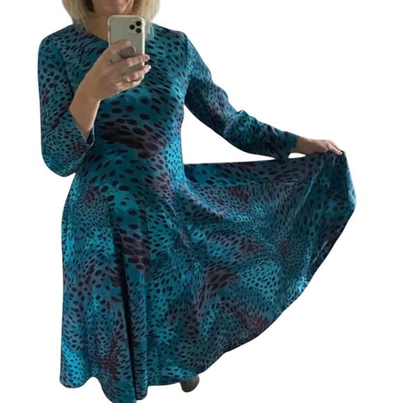 Natori Leopard Fit Flare Midi Dress Teal MEDIUM Career Modest Animal Print $398 - Picture 10 of 11